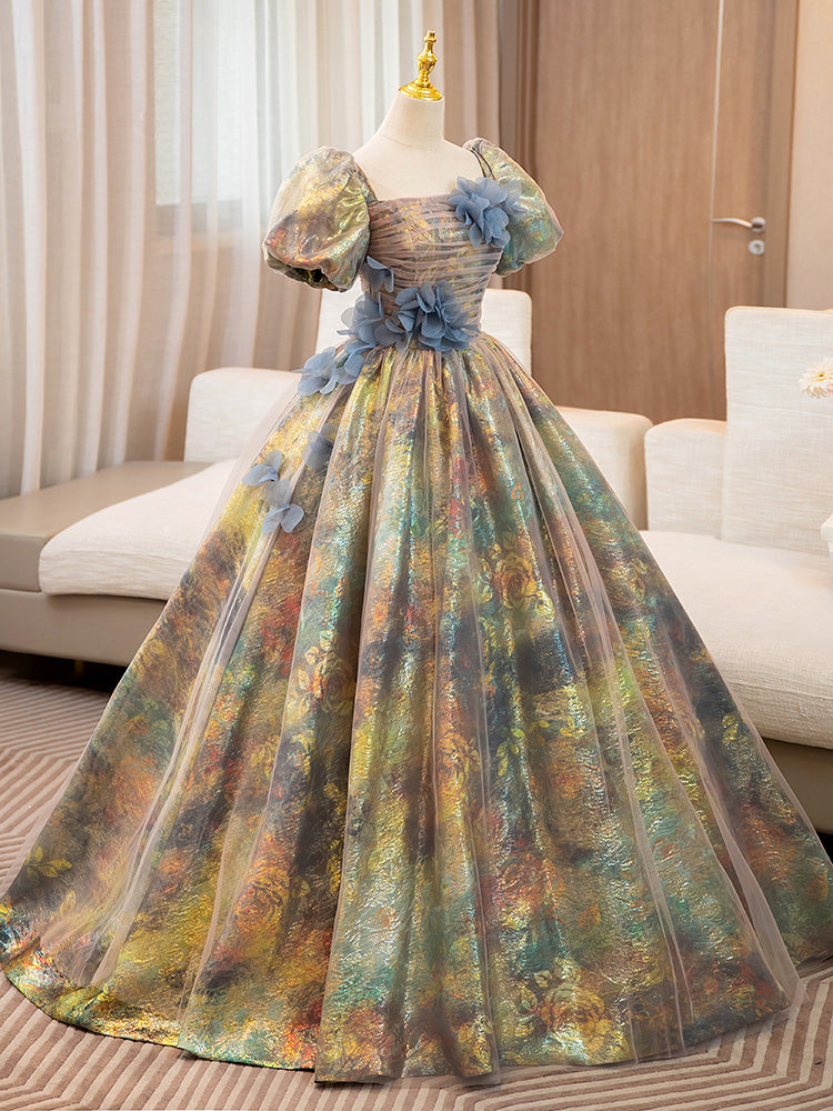 Unique A-Line Puff Sleeves Gold Long Prom Dress with Flower