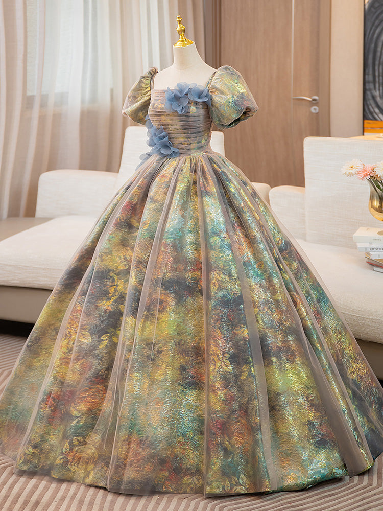 Unique A-Line Puff Sleeves Gold Long Prom Dress with Flower