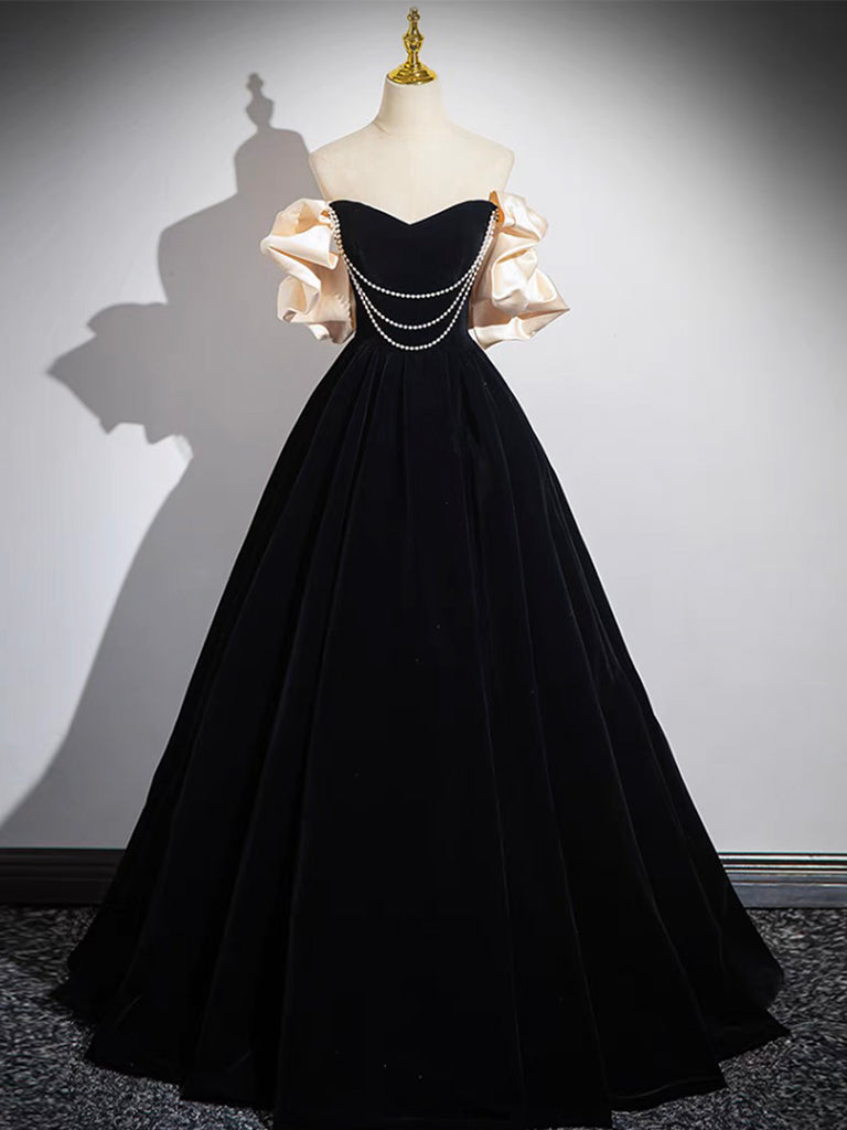 A-Line Black Velvet Long Prom Dress, Black Long Evening Dress dresstby A-Line Black Velvet Long Prom Dress, Black Long Evening Dress dresstby