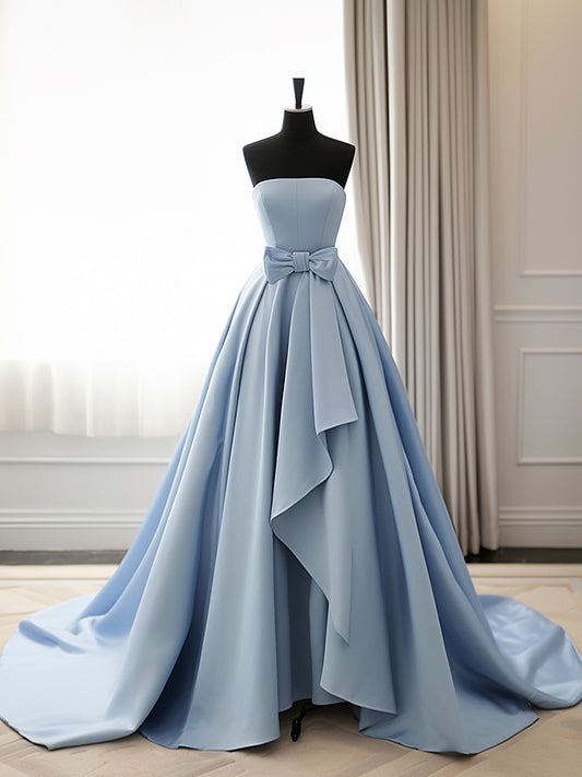 Simple A-Line Satin Blue Long Prom Dress, Blue Long Evening Dress