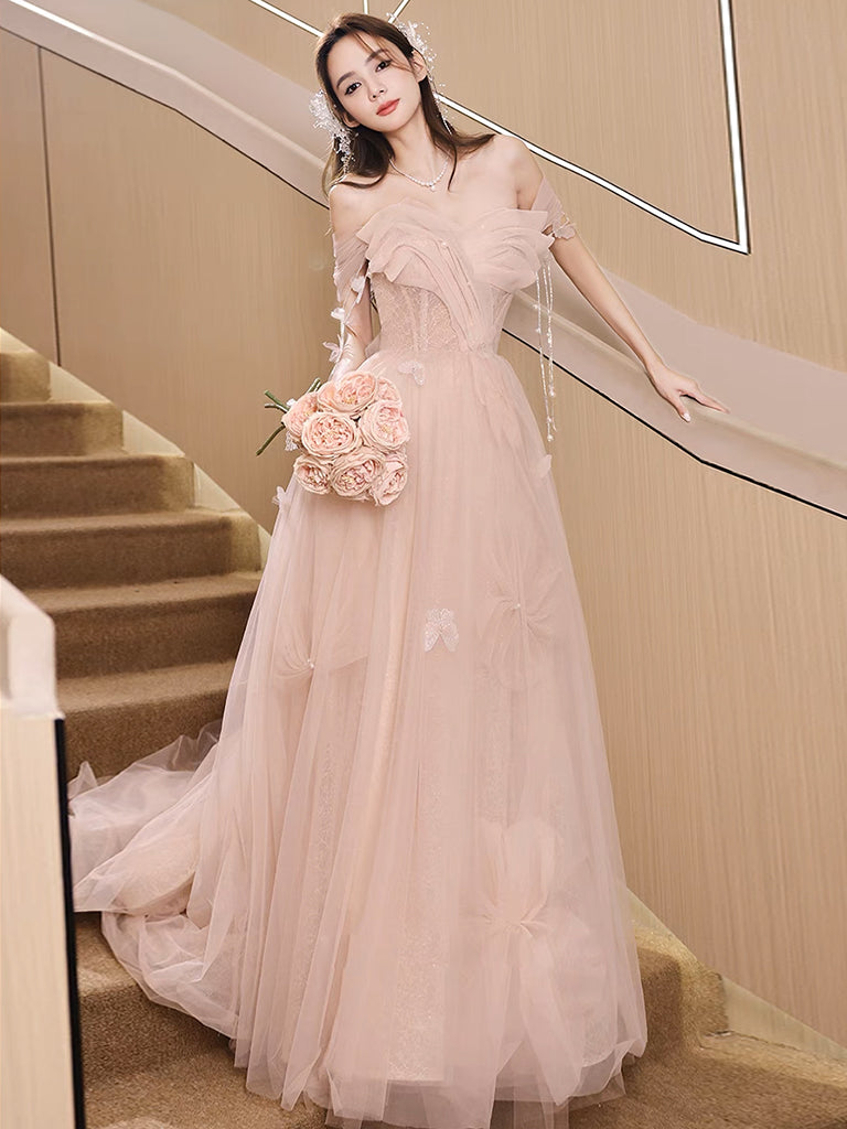 Champagne Pink A-Line Tulle Sequin Long Prom Dress, Champagne Pink For Champagne Pink A-Line Tulle Sequin Long Prom Dress, Champagne Pink For