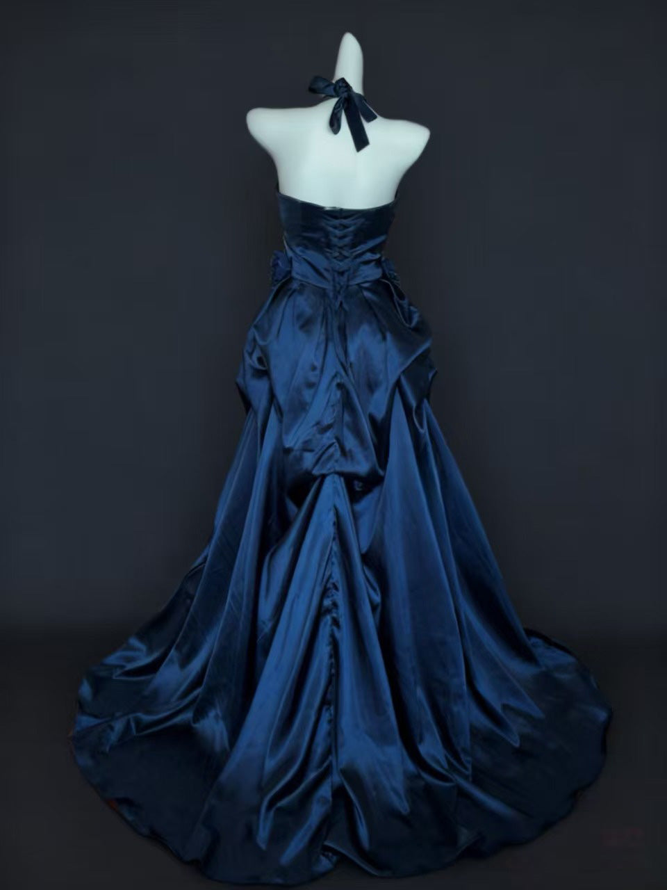 Unique A-line Satin irregular Dark Blue Long Prom Dress, Blue Evening Dress