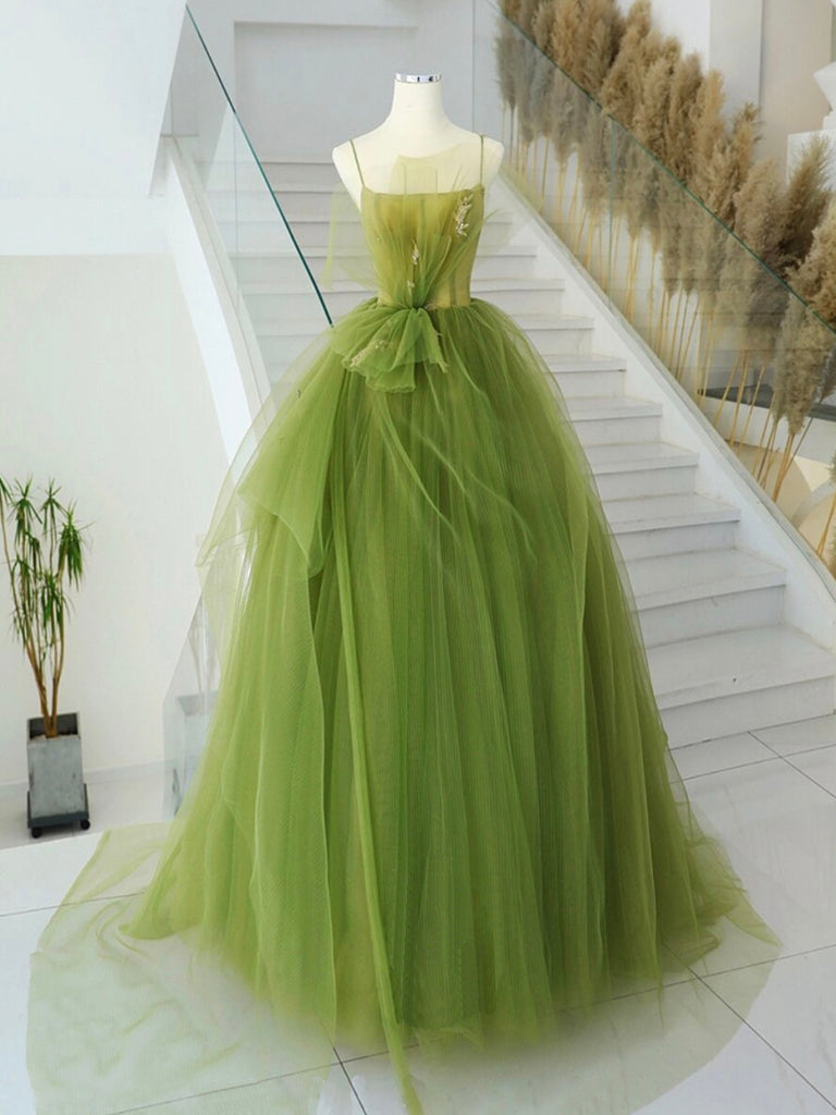 A-Line Green Tulle Long Prom Dress, Green Tulle Long Evening Dress dresstby A-Line Green Tulle Long Prom Dress, Green Tulle Long Evening Dress dresstby
