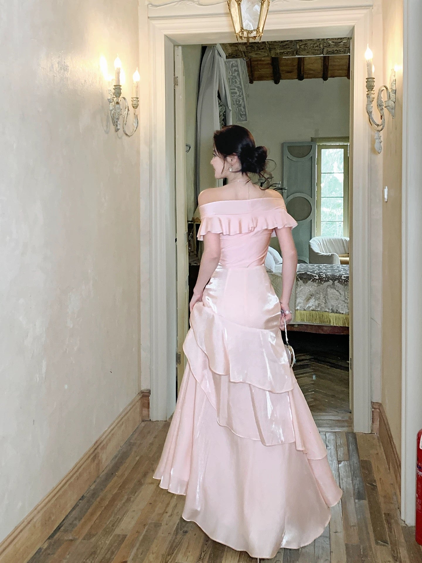 Mermaid Sweetheart Ruffles Silk Pink Long Prom Dress, Pink Party Dress