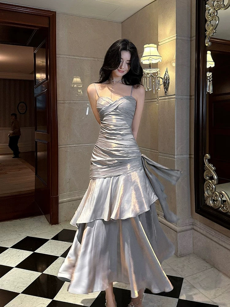 A-Line Sweetheart Neck Tea Length Satin Gray Long Party Prom Dress