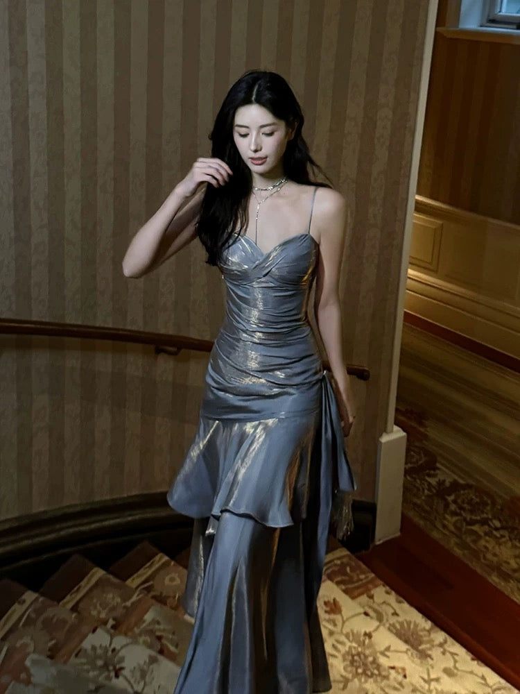 A-Line Sweetheart Neck Tea Length Satin Gray Long Party Prom Dress