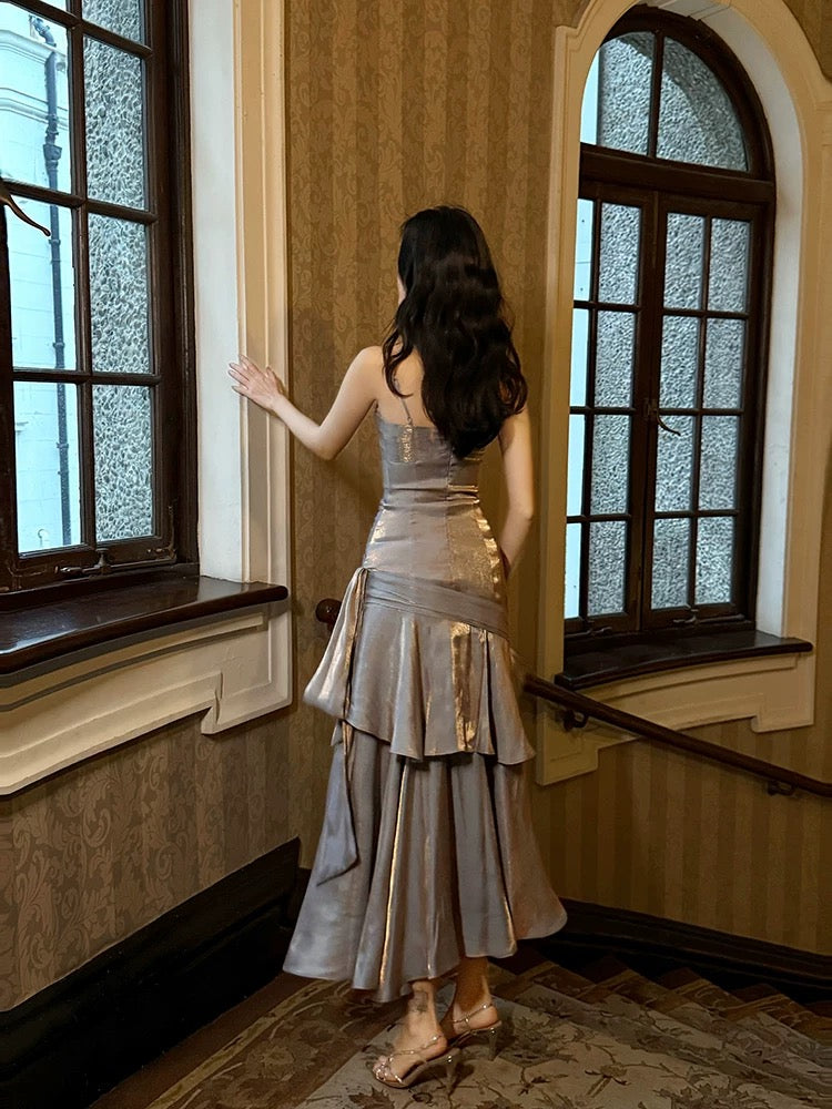 A-Line Sweetheart Neck Tea Length Satin Gray Long Party Prom Dress