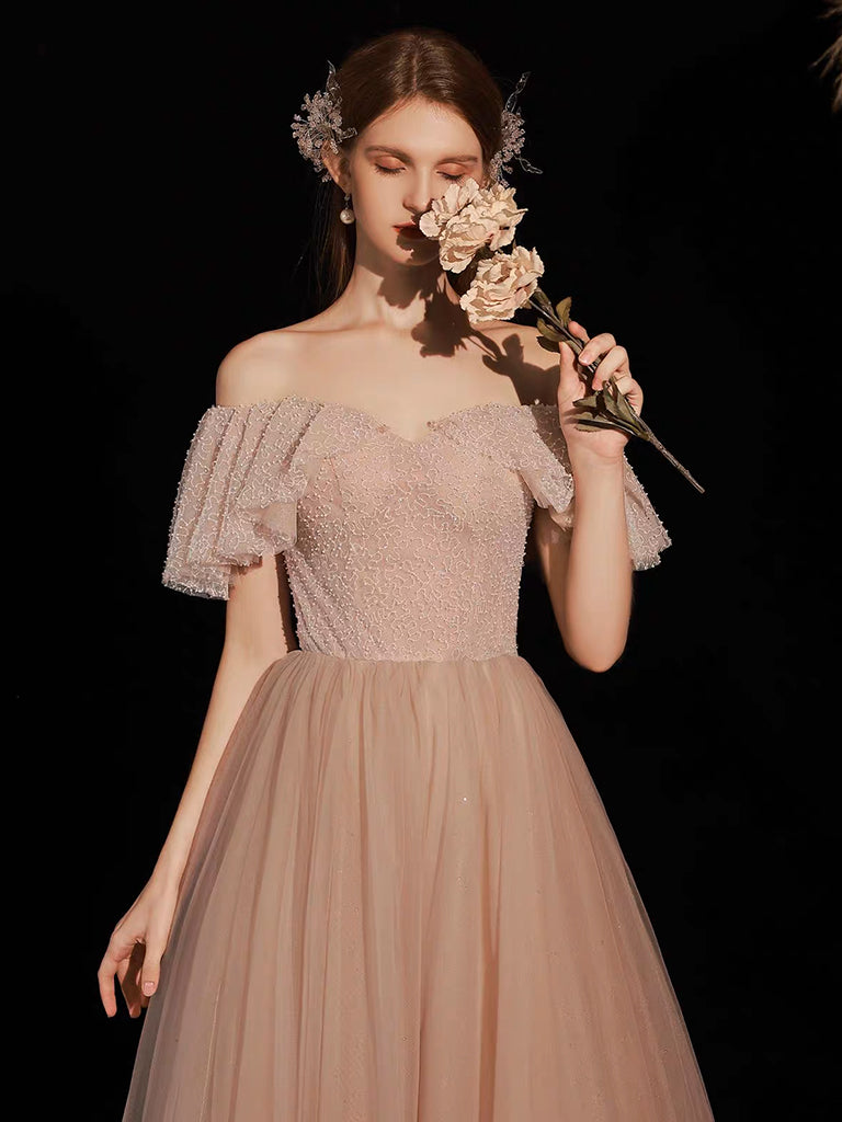 A-Line Sweetheart Neck Tulle Pink Long Prom Dress, Pink Tulle Long Evening Dress