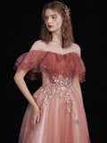 A-Line Off Shoulder Tulle Lace Burgundy Long Prom Dress, Lace Long Formal Dress