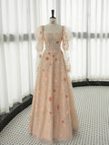 A-Line Long Sleeves Champagne Pink Long Prom Dress, Sequin Beads Long Formal Dress