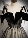 A-Line Off Shoulder Tulle Black Long Prom Dress, Black Long Formal Dress