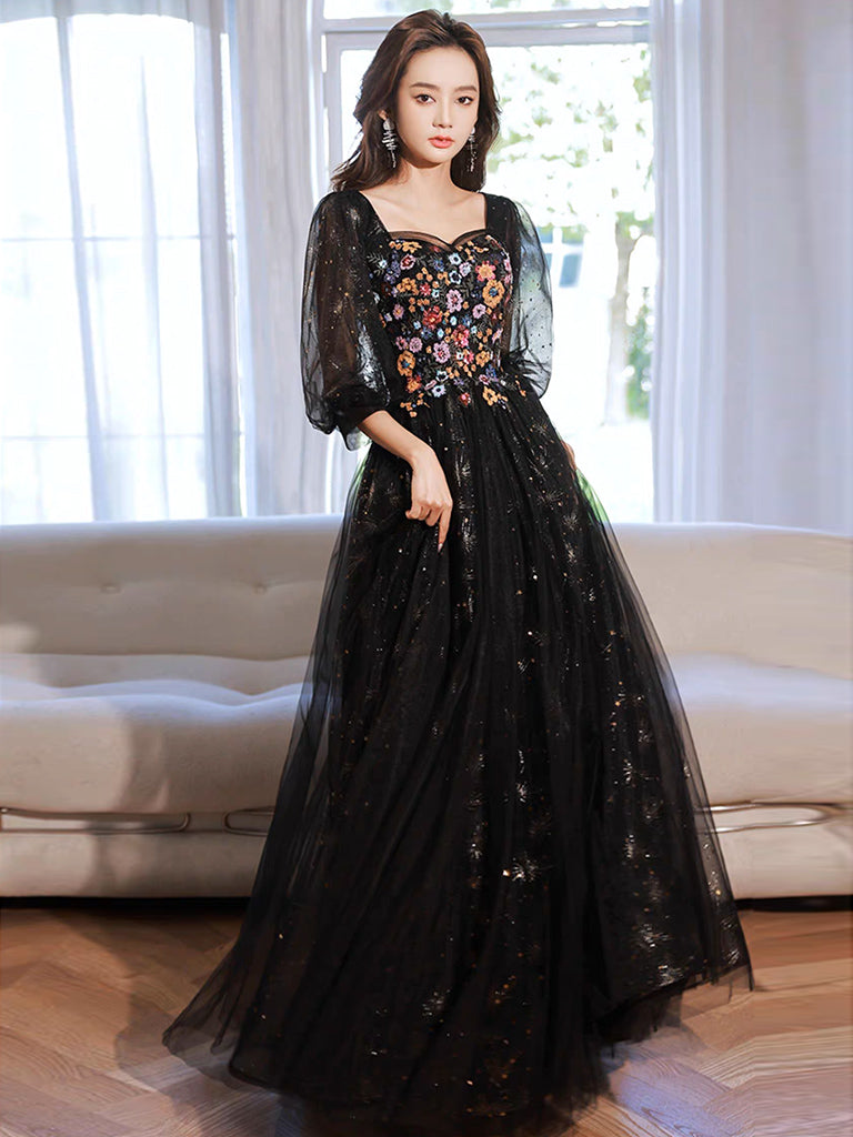 A-Line long sleeves Tulle Lace Black Long Prom Dress, Black Lace Long dresstby A-Line long sleeves Tulle Lace Black Long Prom Dress, Black Lace Long dresstby