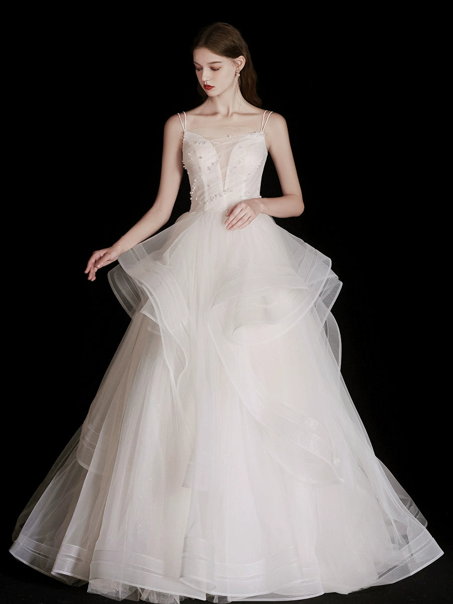White Tulle Beads Long Prom Dress, White Tulle Long Formal Dresses