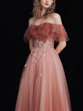 A-Line Off Shoulder Tulle Lace Burgundy Long Prom Dress, Lace Long Formal Dress