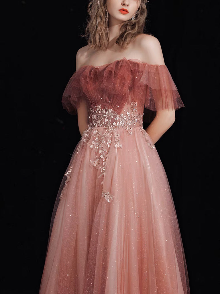 A-Line Off Shoulder Tulle Lace Burgundy Long Prom Dress, Lace Long Formal Dress