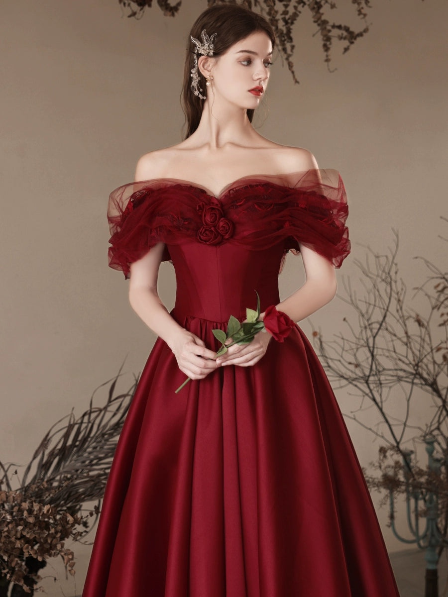 A-Line Off Shoulder Satin Burgundy Long Prom Dress, Burgundy Long Formal Dress