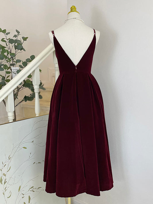 A-Line V Neck Velvet Burgundy Tea Length Prom Dress, Velvet Formal Dress