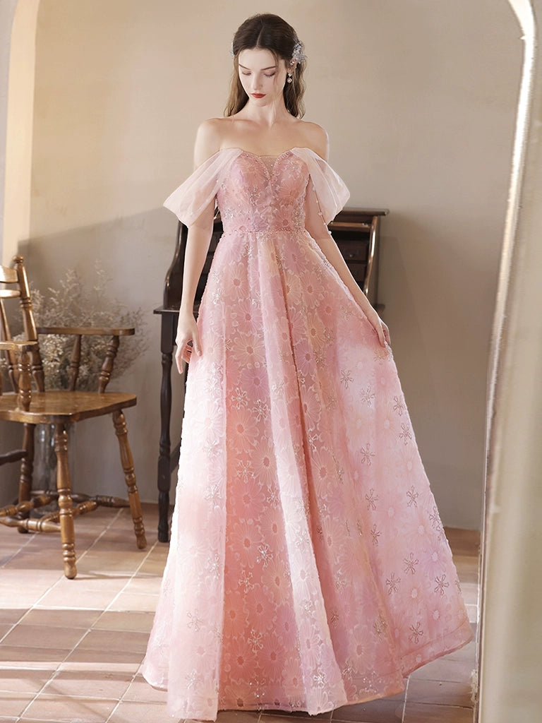A-Line Tulle Lace Off Shoulder Pink Long Prom Dress, Pink Lace Long Gr dresstby A-Line Tulle Lace Off Shoulder Pink Long Prom Dress, Pink Lace Long Gr dresstby