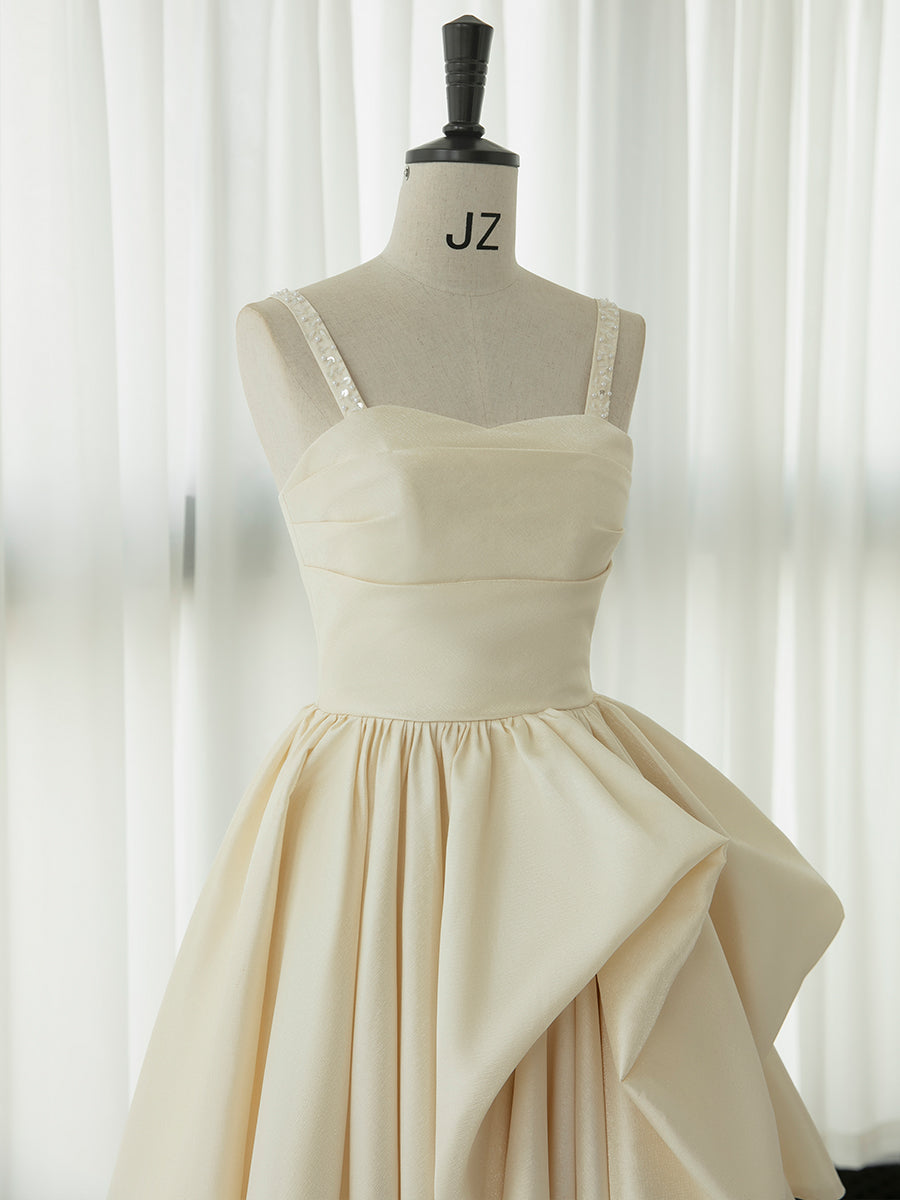 Champagne Satin Tea Length Prom Dress, Champagne Formal Dress