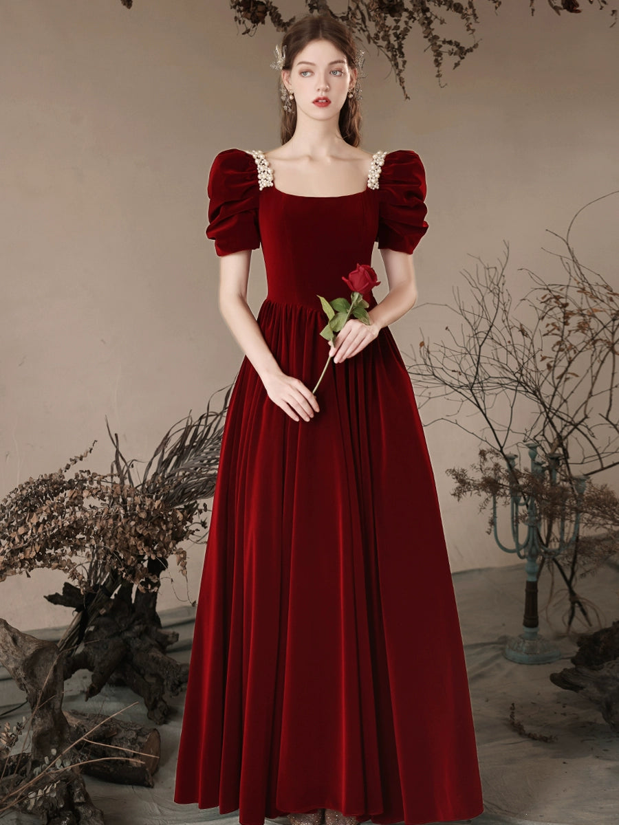 A- Line Velvet Burgundy Long Prom Dress, Burgundy Long Formal Dress dresstby A- Line Velvet Burgundy Long Prom Dress, Burgundy Long Formal Dress dresstby