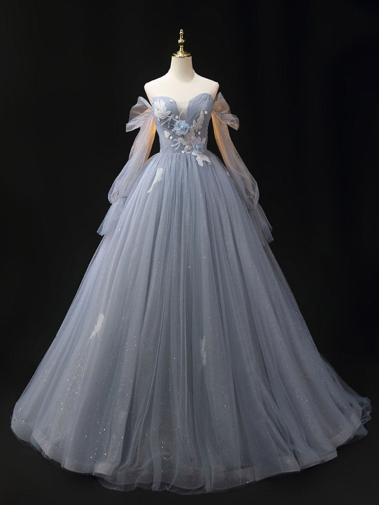 Gray A-Line Tulle Lace Long Prom Dress, Shiny Tulle Lace Formal Dress dresstby Gray A-Line Tulle Lace Long Prom Dress, Shiny Tulle Lace Formal Dress dresstby