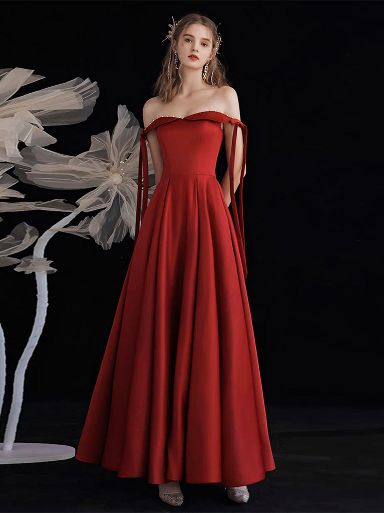 A-Line Off Shoulder Satin Burgundy Long Prom Dress, Burgundy Long Formal Dress