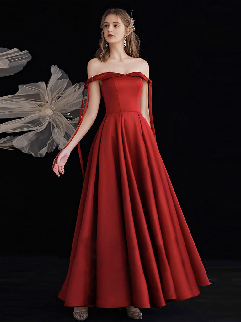 A-Line Off Shoulder Satin Burgundy Long Prom Dress, Burgundy Long Formal Dress