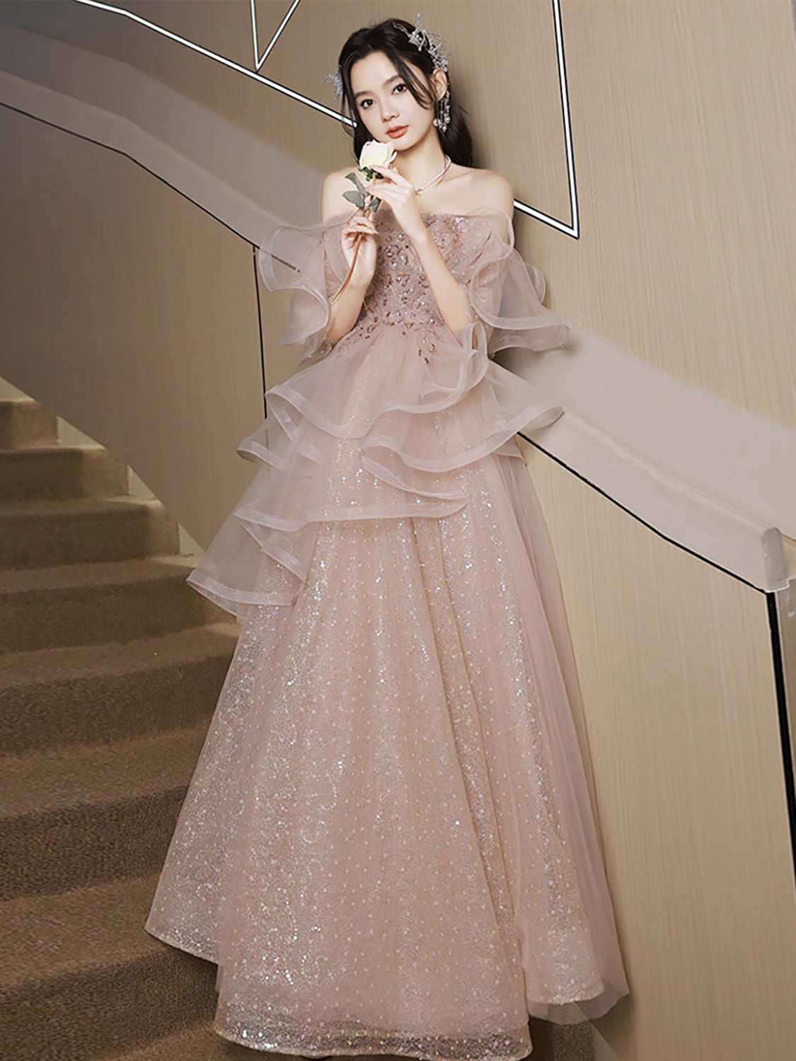 A-Line Tulle Sequin Pink Long Prom Dress, Shiny Sequin Pink Long Eveni dresstby A-Line Tulle Sequin Pink Long Prom Dress, Shiny Sequin Pink Long Eveni dresstby