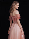 A-Line Off Shoulder Tulle Lace Burgundy Long Prom Dress, Lace Long Formal Dress