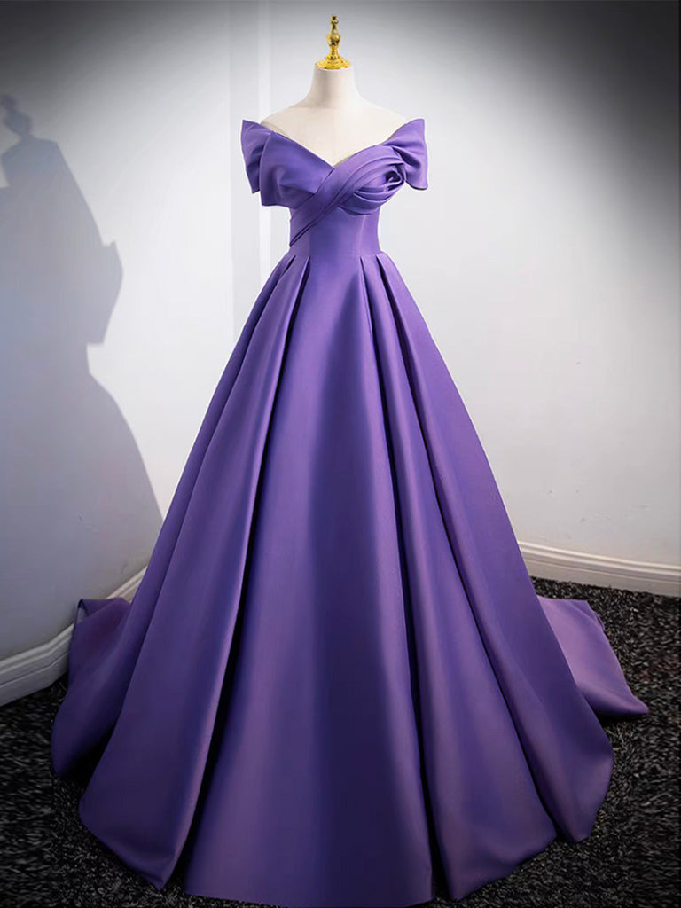 Simple Off Shoulder Satin Purple Long Prom Dress, Purple Long Evening Simple Off Shoulder Satin Purple Long Prom Dress, Purple Long Evening