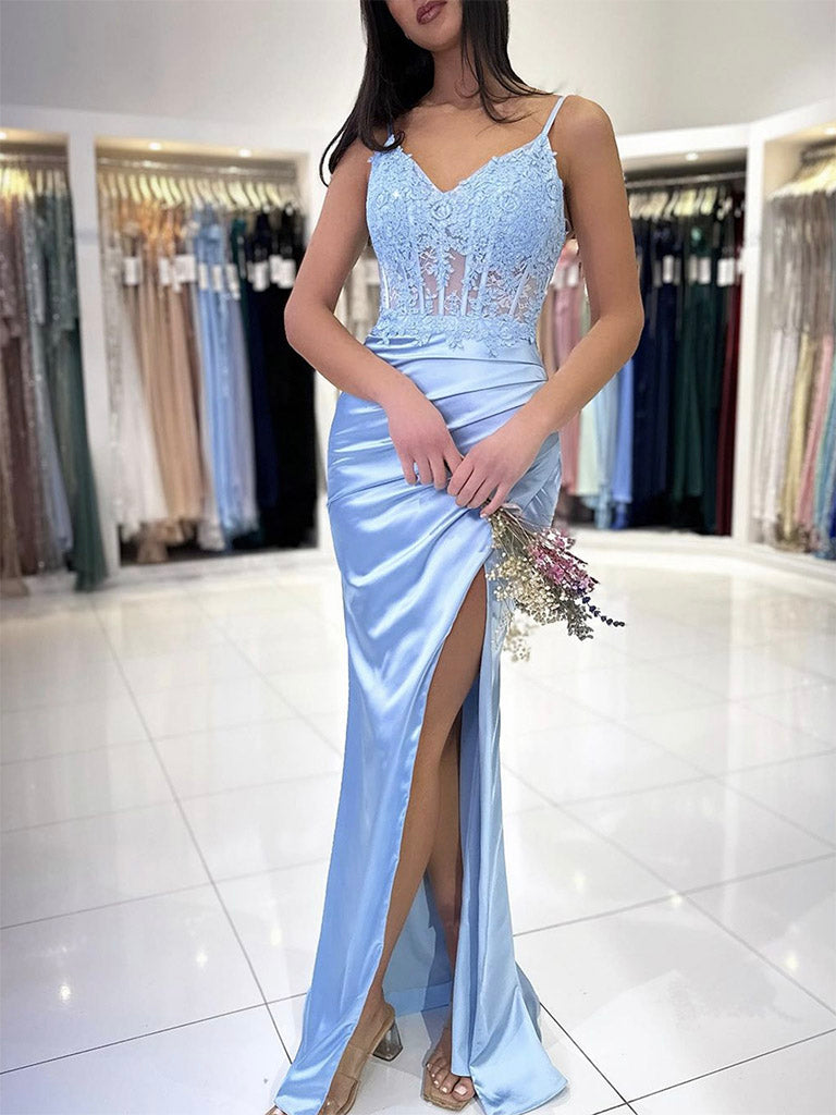 Blue V Neck Lace Satin Mermaid Long Prom Dress, Blue Lace Long Formal dresstby Blue V Neck Lace Satin Mermaid Long Prom Dress, Blue Lace Long Formal dresstby
