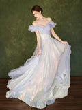 A-Line Off Shoulder Tulle Sequin Purple Long Prom Dress, Purple Long Formal Dress