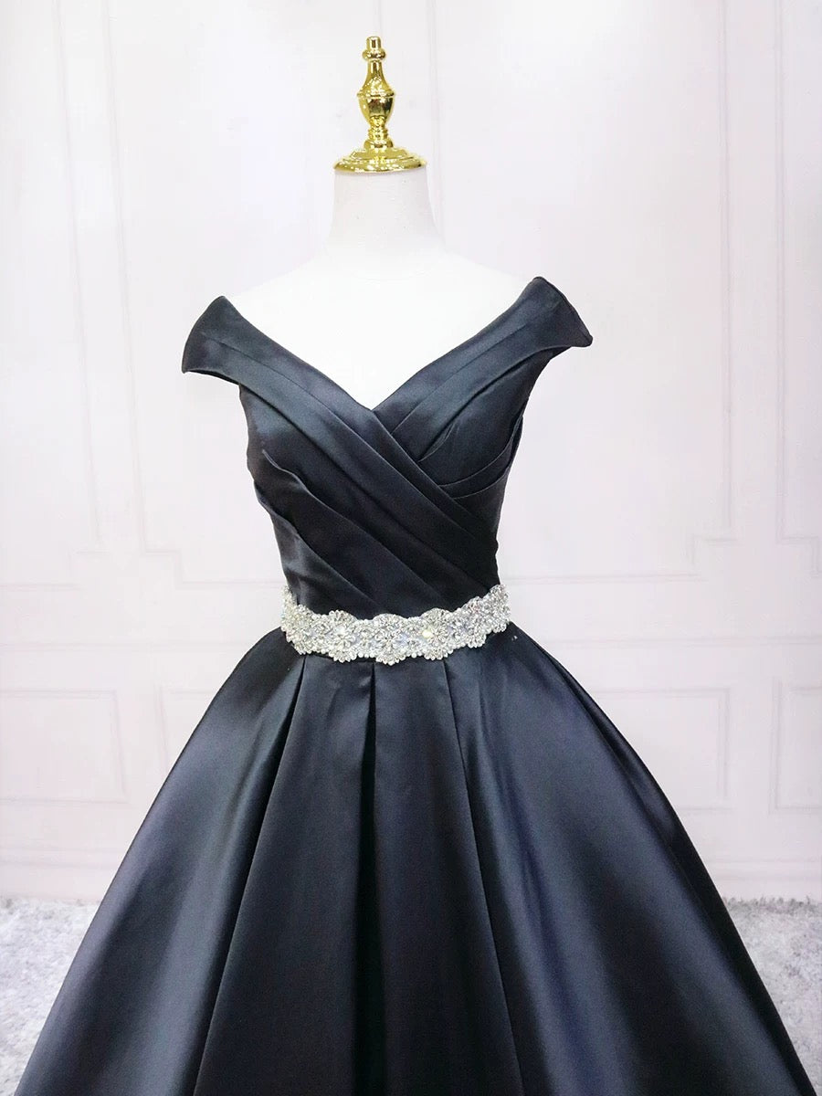 A-Line V Neck Satin Black Long Prom Dress, Black Long Evening Dress