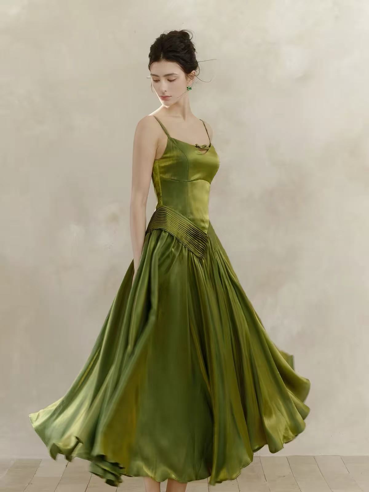 A-line V Neck Silk Tea Length Green Prom Dress, Green Formal Dress