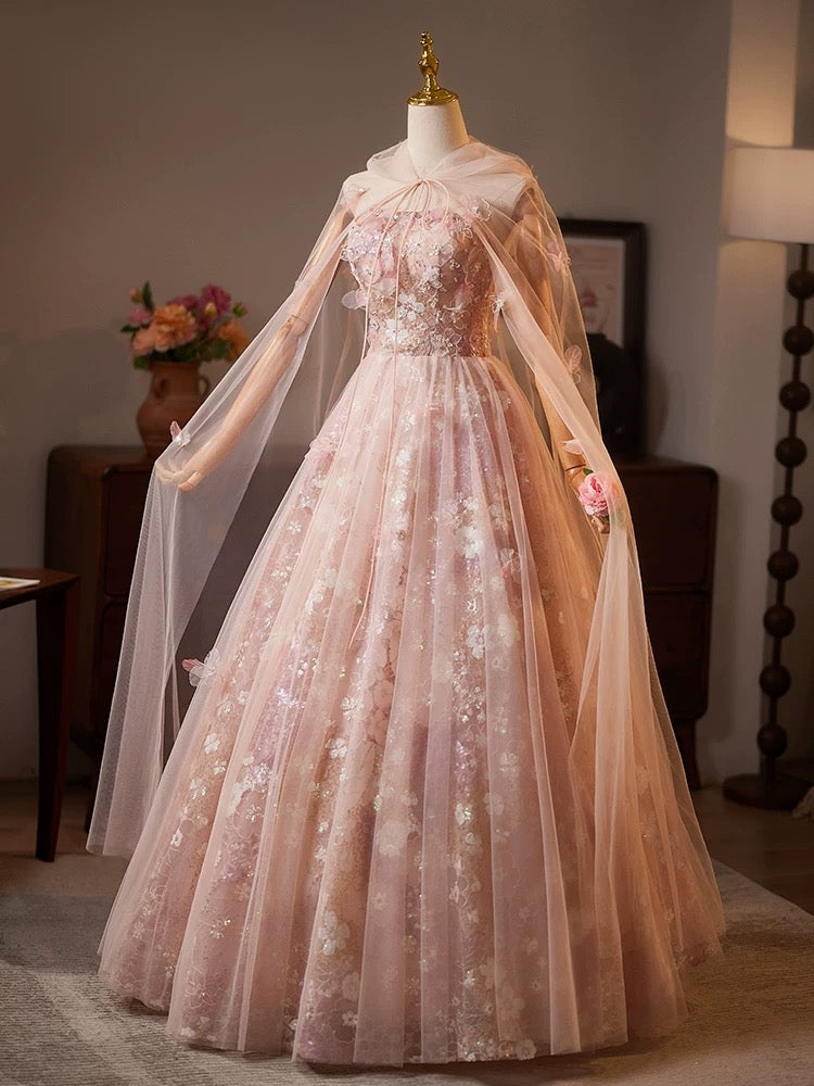 A-Line Tulle Lace Pink Long Prom Dress, Pink Lace Long Formal Dress