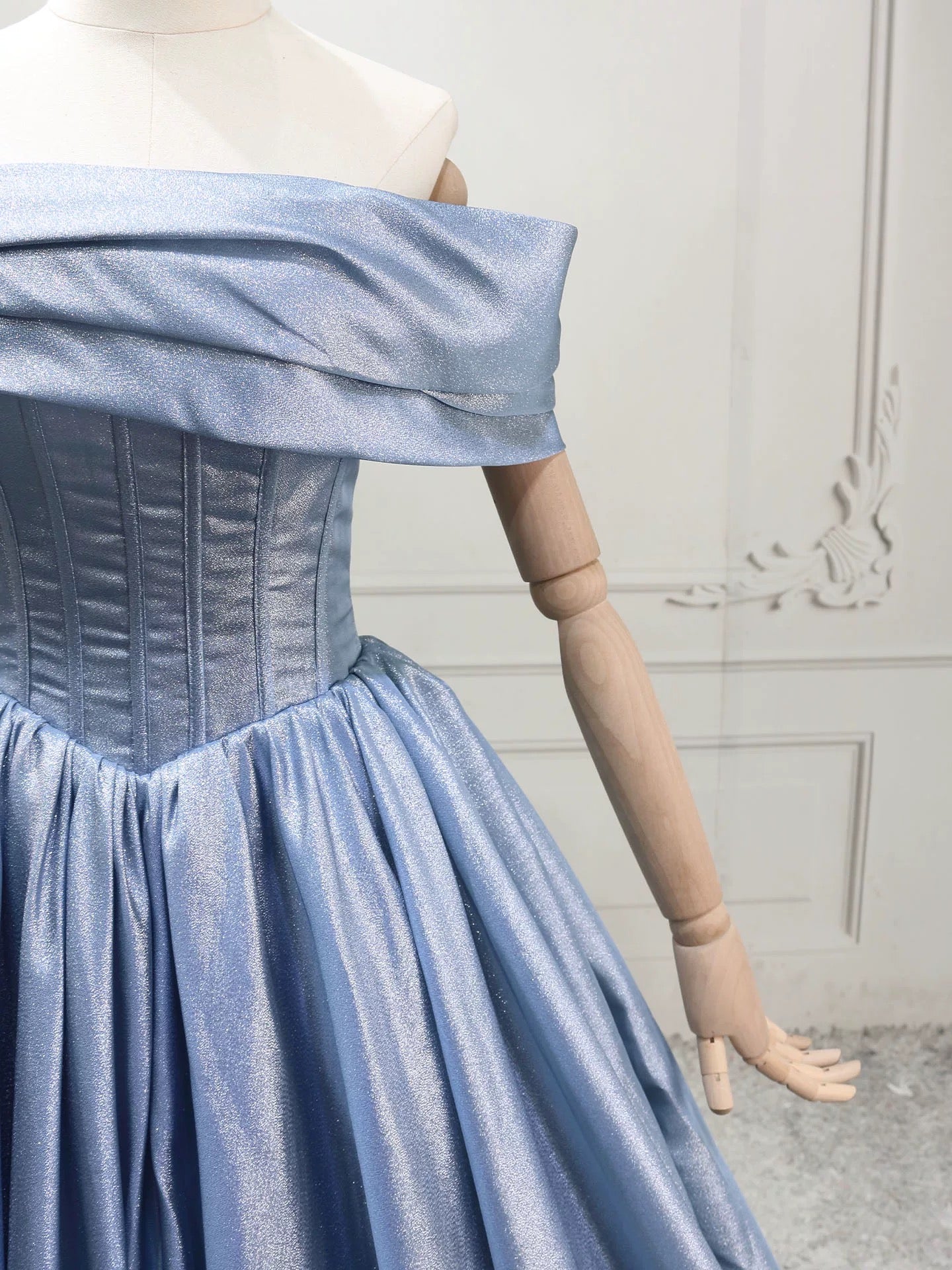 A-Line Off Shoulder Satin Blue Long Prom Dress, Blue Long Formal Dress