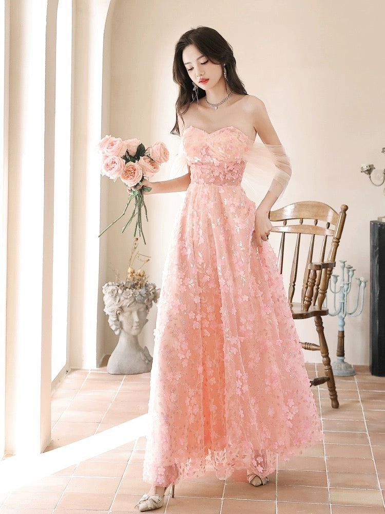 A-Line Off Shoulder Tulle Lace Pink Long Prom Dress, Pink Long Formal A-Line Off Shoulder Tulle Lace Pink Long Prom Dress, Pink Long Formal