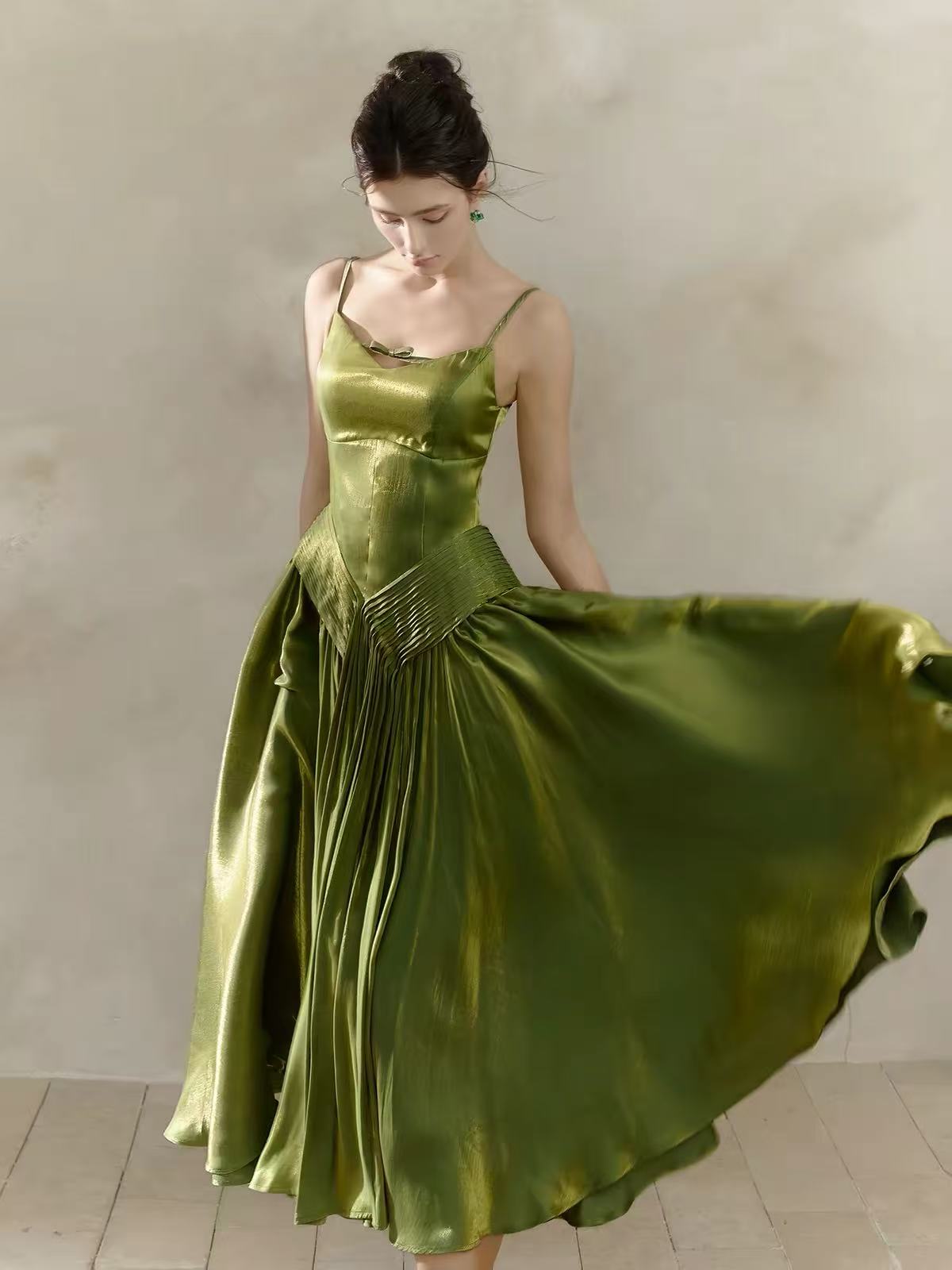 A-line V Neck Silk Tea Length Green Prom Dress, Green Formal Dress