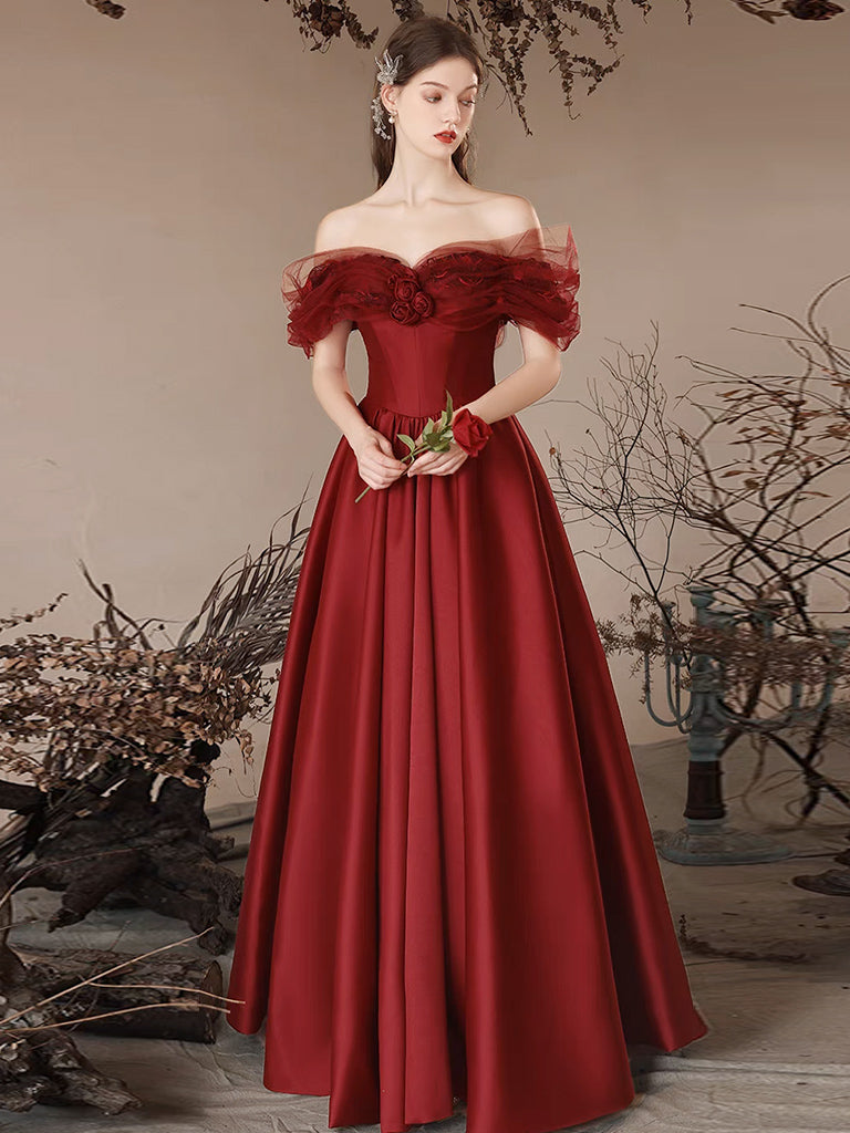 A-Line Off Shoulder Satin Burgundy Long Prom Dress, Burgundy Long Form dresstby A-Line Off Shoulder Satin Burgundy Long Prom Dress, Burgundy Long Form dresstby