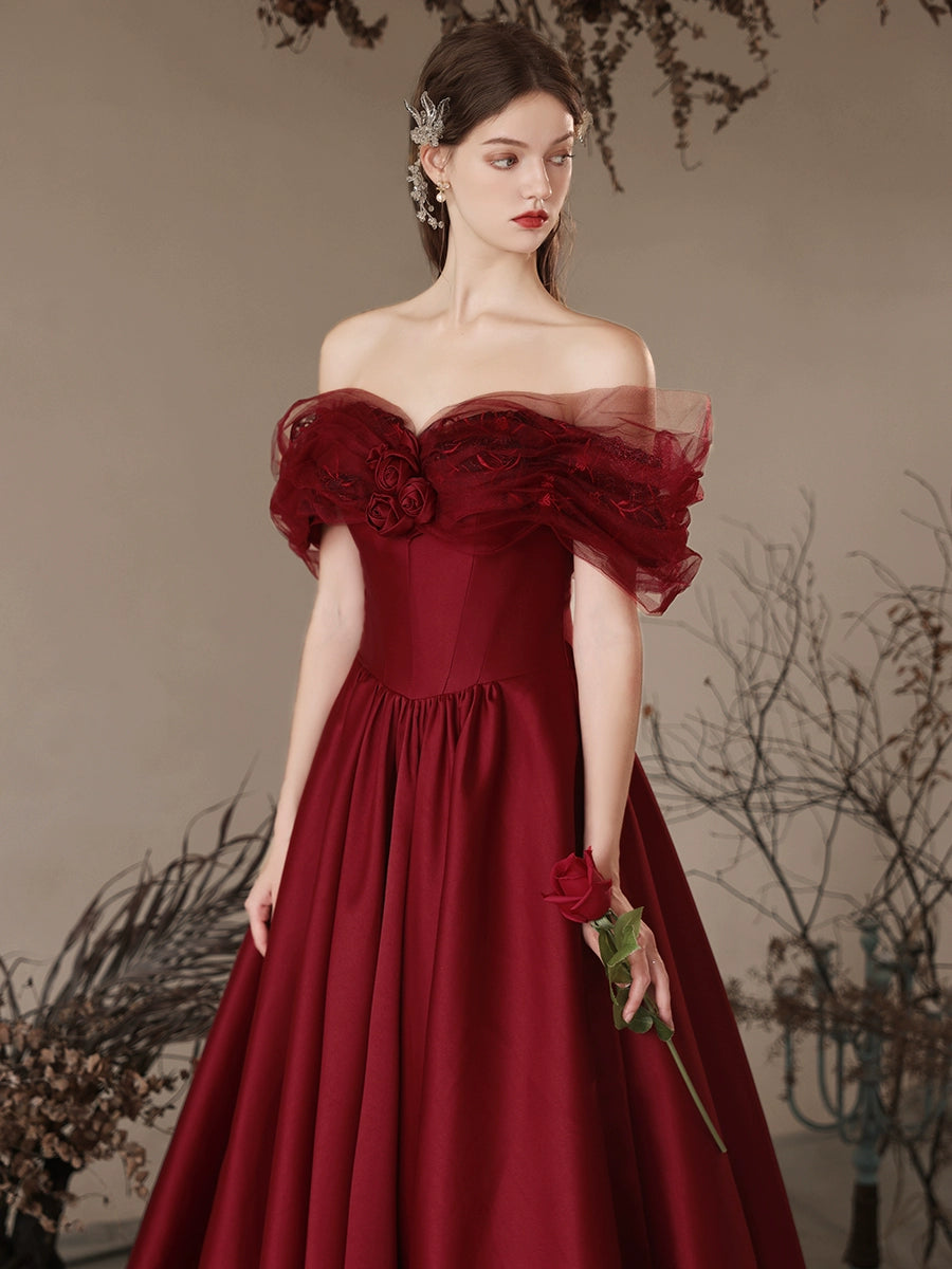 A-Line Off Shoulder Satin Burgundy Long Prom Dress, Burgundy Long Formal Dress