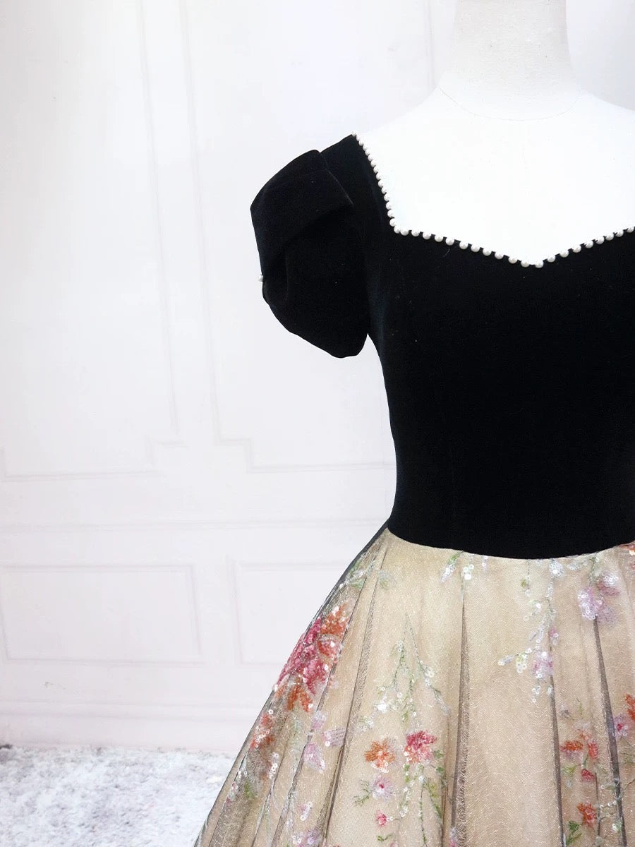 A-Line V Neck Tulle Velvet Black Long Prom Dress, Black Long Formal Dress
