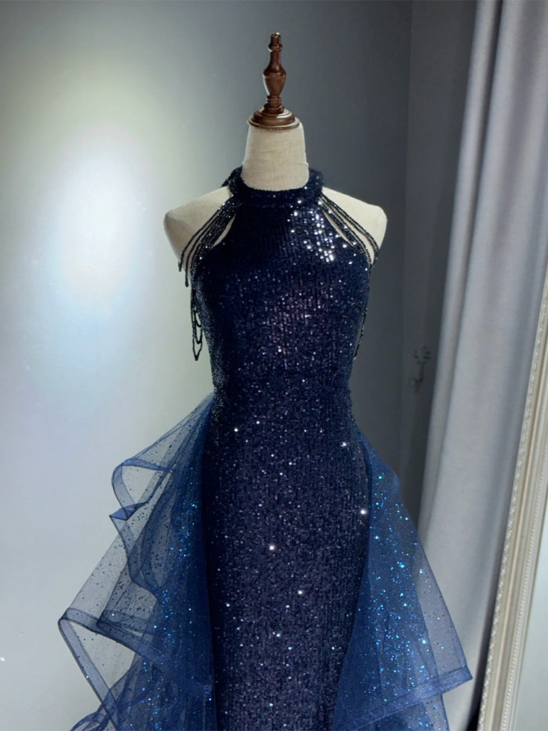 A-Line High Neck Tulle Sequin Dark Blue Long Prom Dress with Beads