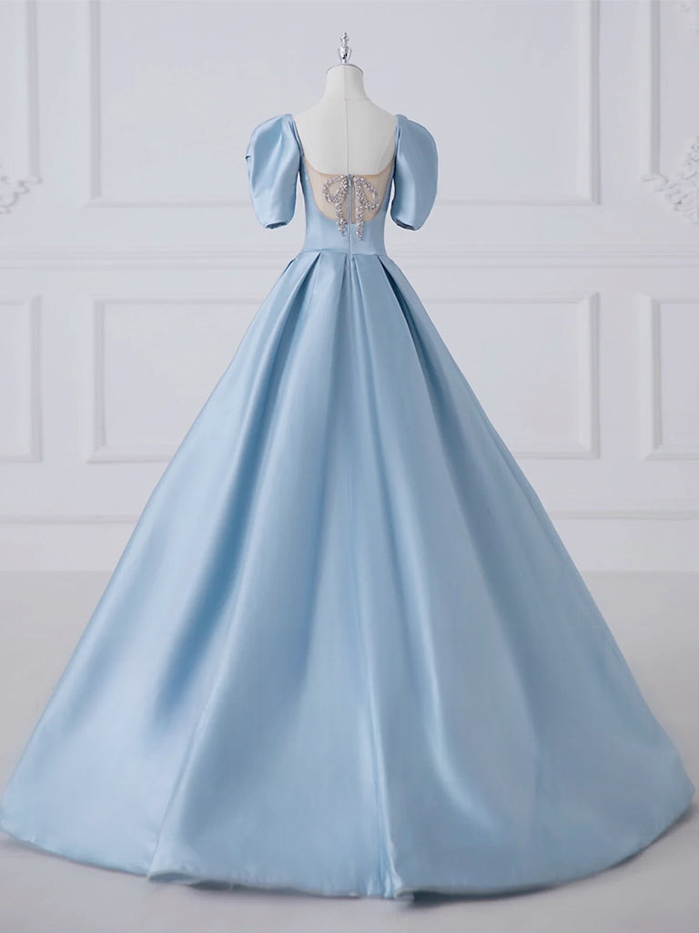 A-Line Satin Blue Long Prom Dress, Blue Satin Long Formal Dress