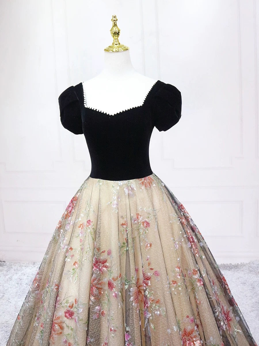 A-Line V Neck Tulle Velvet Black Long Prom Dress, Black Long Formal Dress
