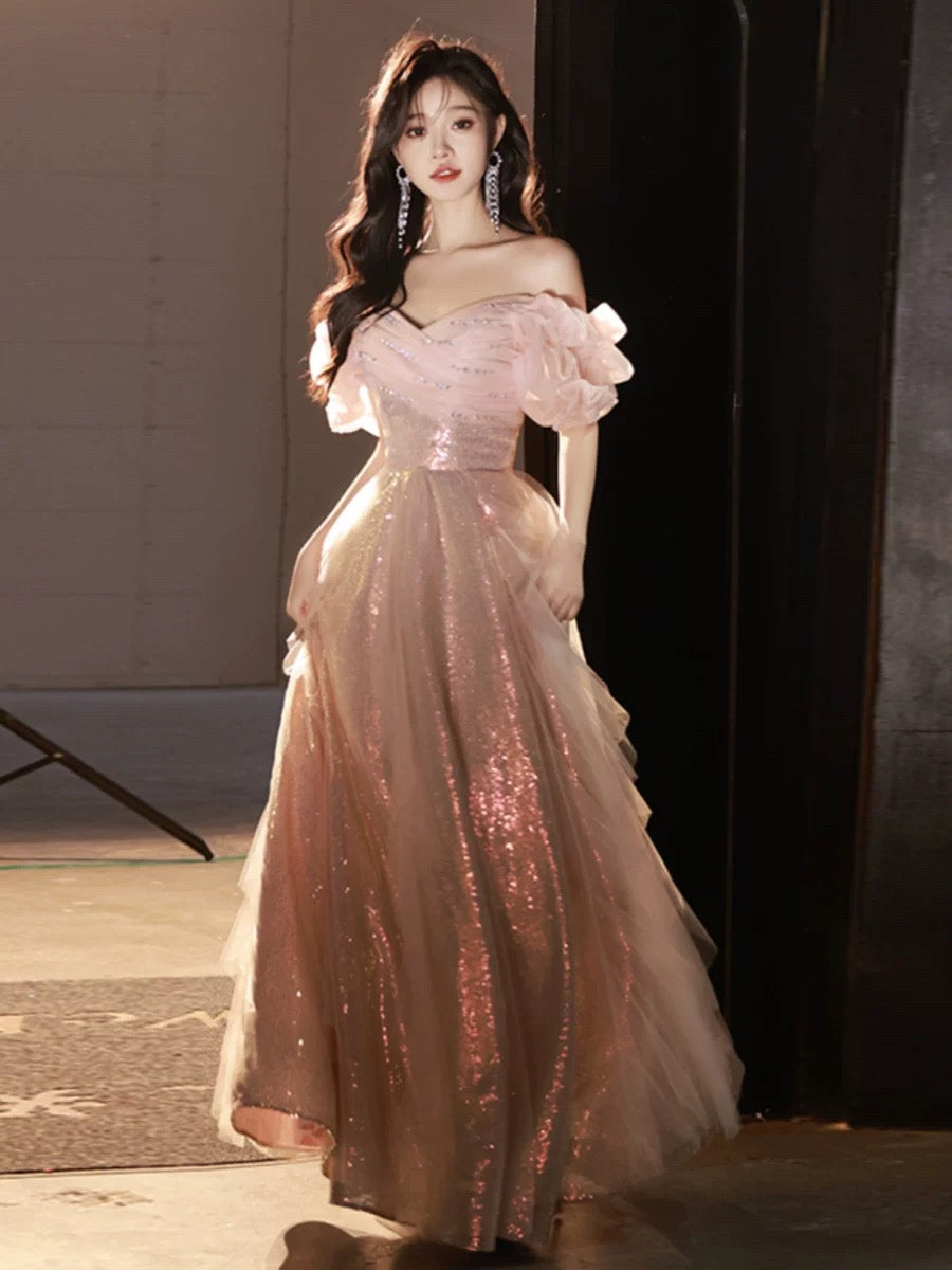 A-Line Off Shoulder Tulle Sequin Pink Long Prom Dress, Pink Long Forma dresstby A-Line Off Shoulder Tulle Sequin Pink Long Prom Dress, Pink Long Forma dresstby