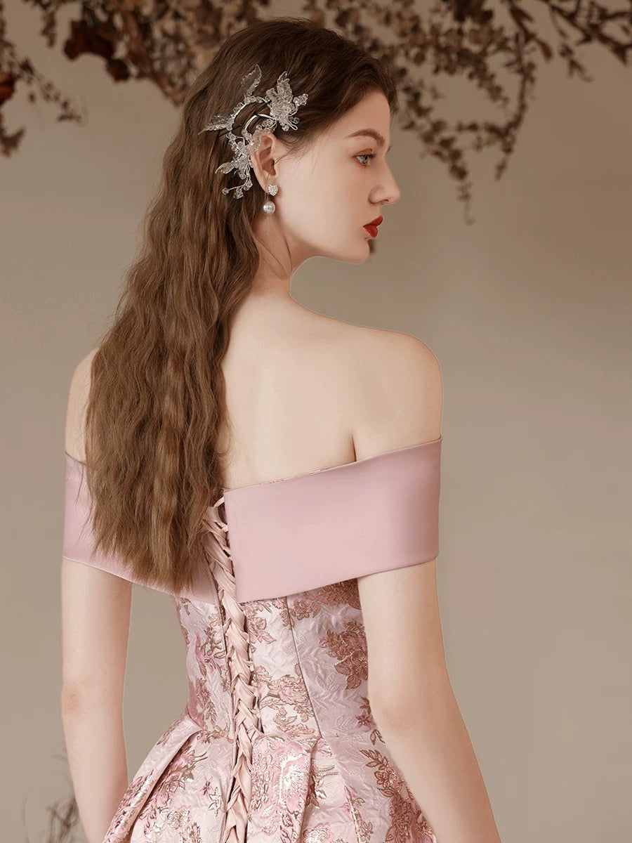 A-Line Off Shoulder Satin Pink Long Prom Dress, Pink Long Evening Dress