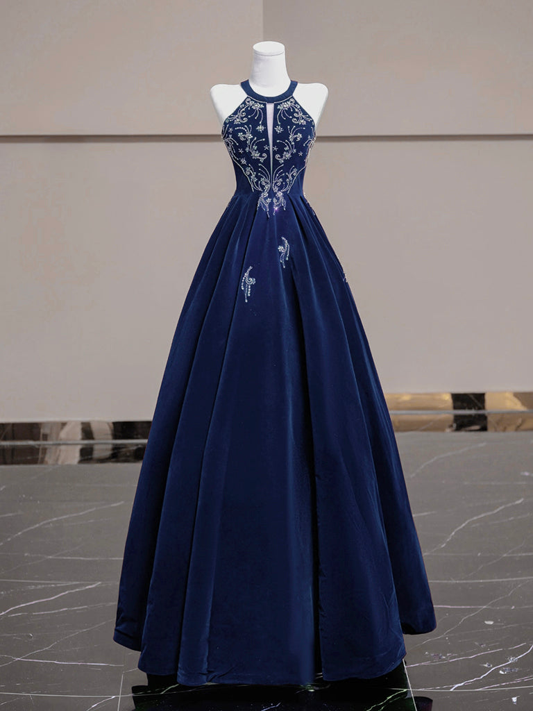 A-Line Velvet Beads Dark Blue Long Prom Dress, Blue Long Evening Dress dresstby A-Line Velvet Beads Dark Blue Long Prom Dress, Blue Long Evening Dress dresstby