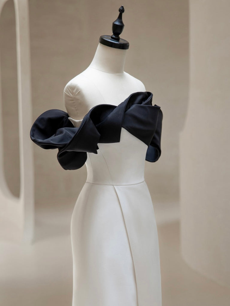 Simple Off Shoulder Satin Black/White Long Prom Dress