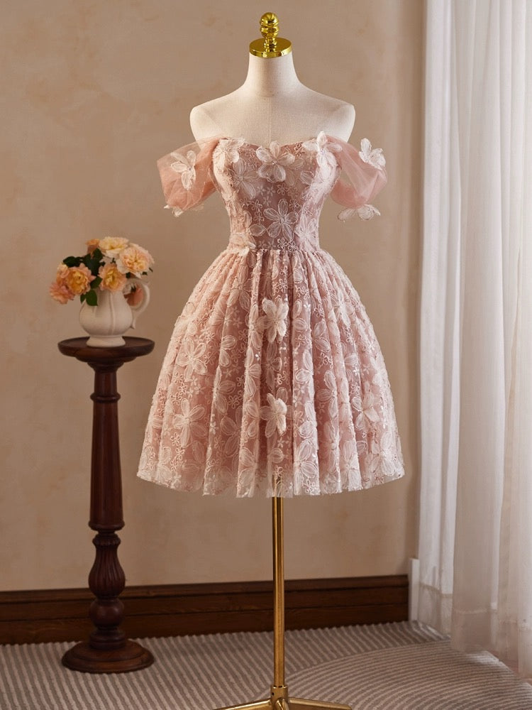 A-Line Off Shoulder Pink Short Prom Dress, Pink Homecoming Dress dresstby A-Line Off Shoulder Pink Short Prom Dress, Pink Homecoming Dress dresstby