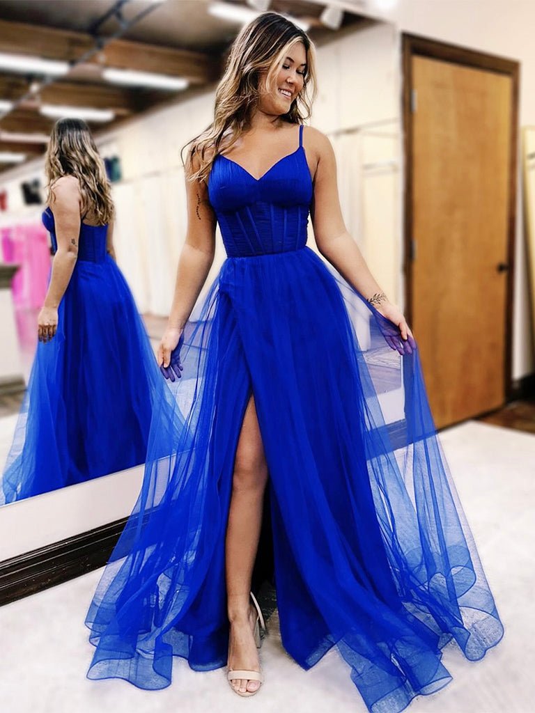A-Line V Neck Tulle Blue Long Prom Dress, Blue Tulle Long Formal Dress A-Line V Neck Tulle Blue Long Prom Dress, Blue Tulle Long Formal Dress